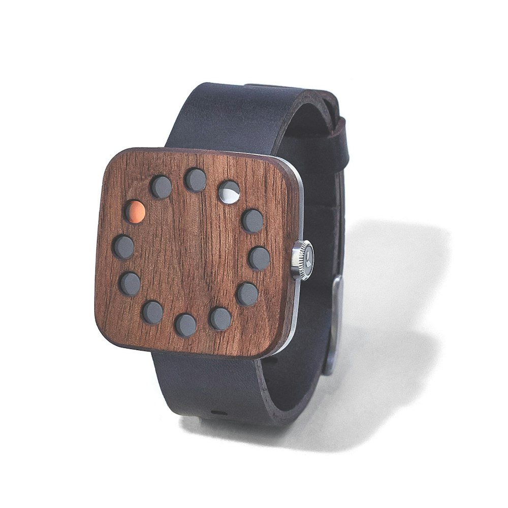Round Wood Walnut Watch: Steel Body, Black Leather Strap